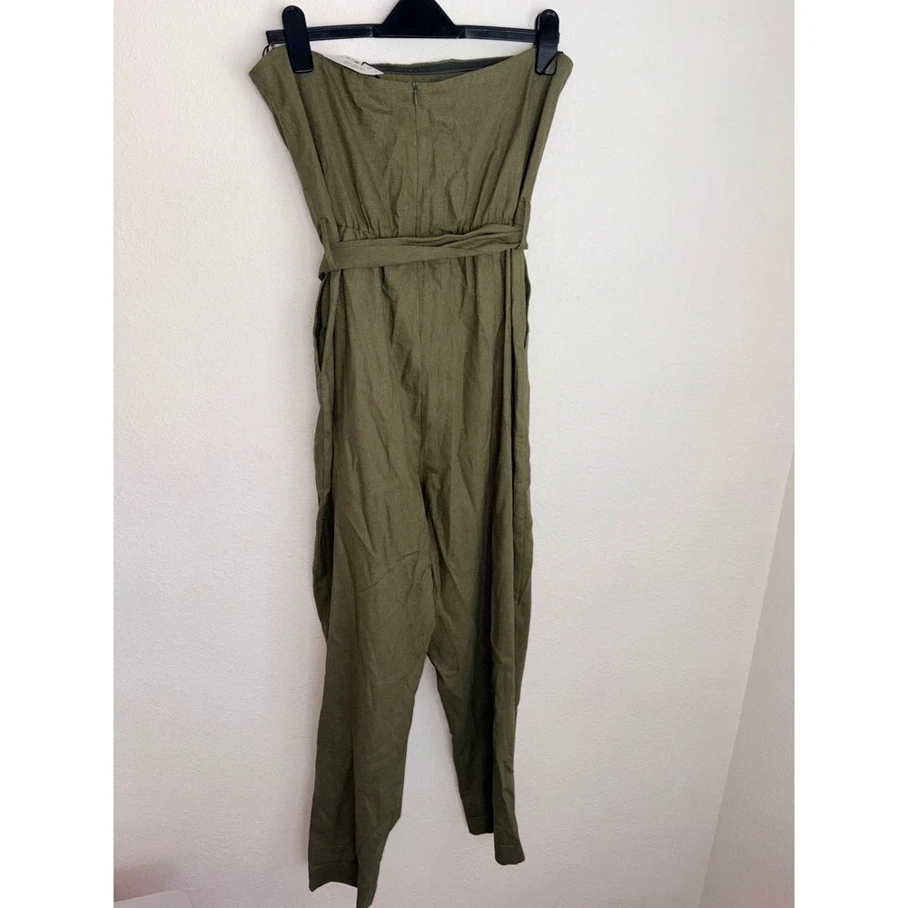 Zara Strapless bandeau linen Blend Jumpsuit Olive Green NEW Belted Leg large
